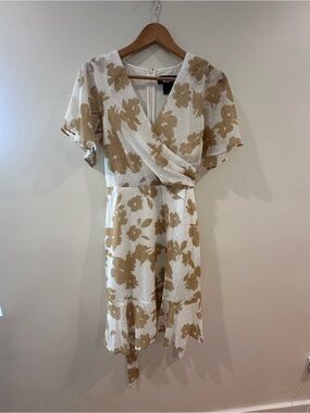DKNY Cream Floral Wrap Dress with Tan Print
